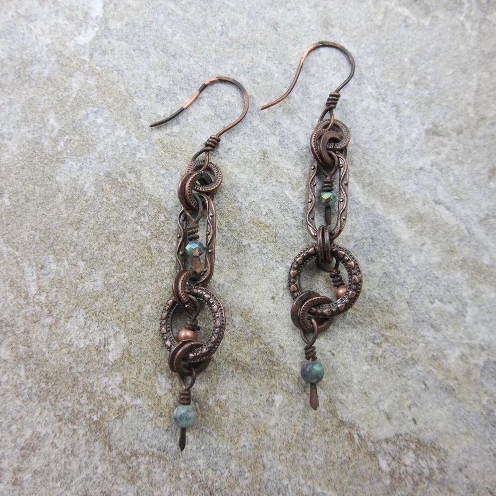 Copper, crystal, and jasper dangle earrings